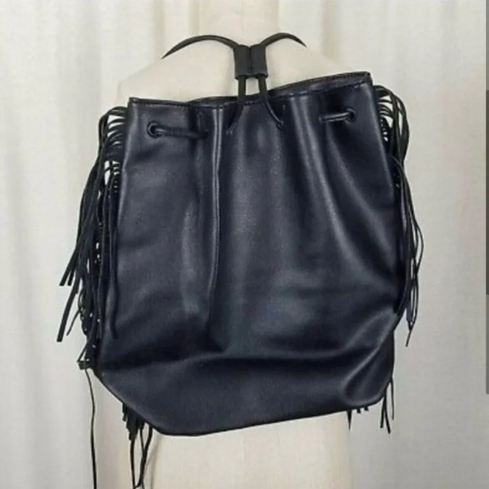 Victoria’s Secret Fringe Backpack with Drawstring Closure Black Faux Leather